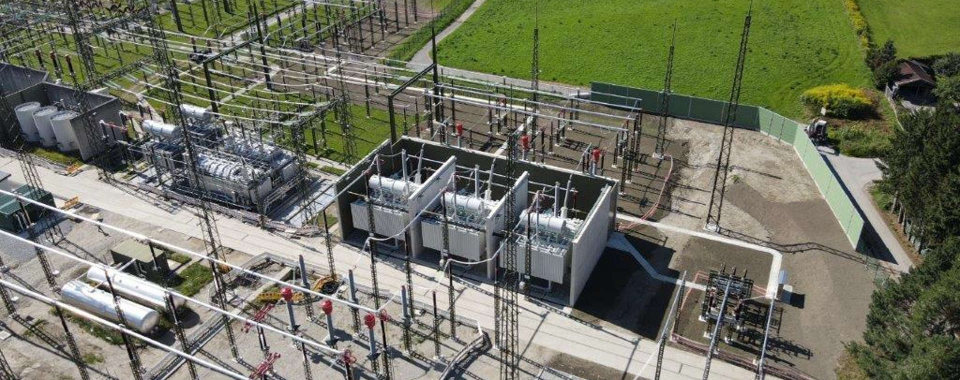 Aerial view of a substation with digitally networked system components